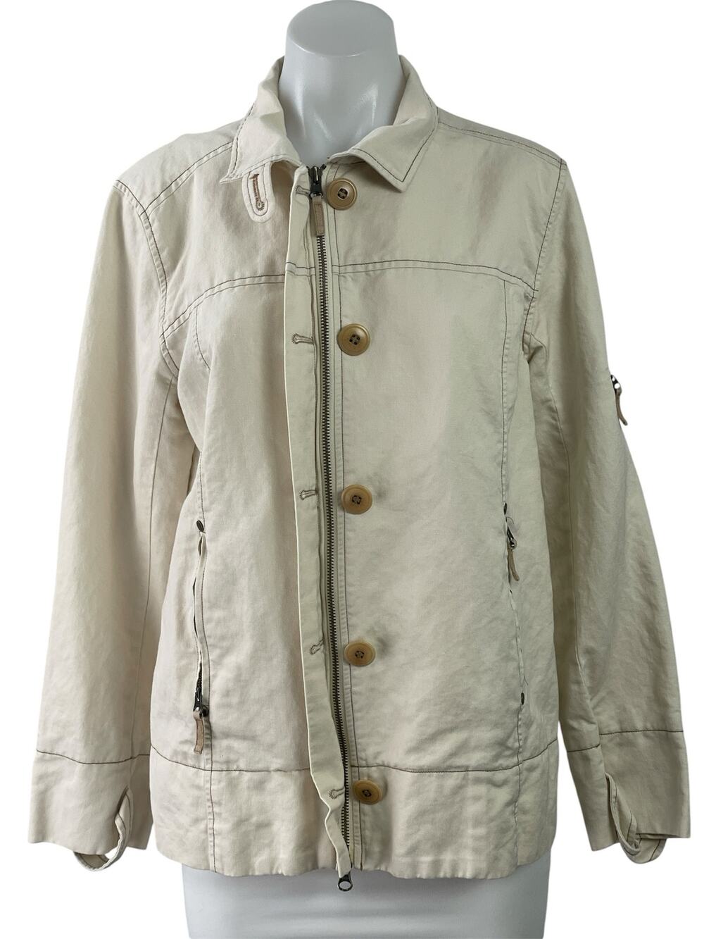 Sundance Womens Cream Beige Linen Blend Zip Up Button Utility Coat Jacket Size M